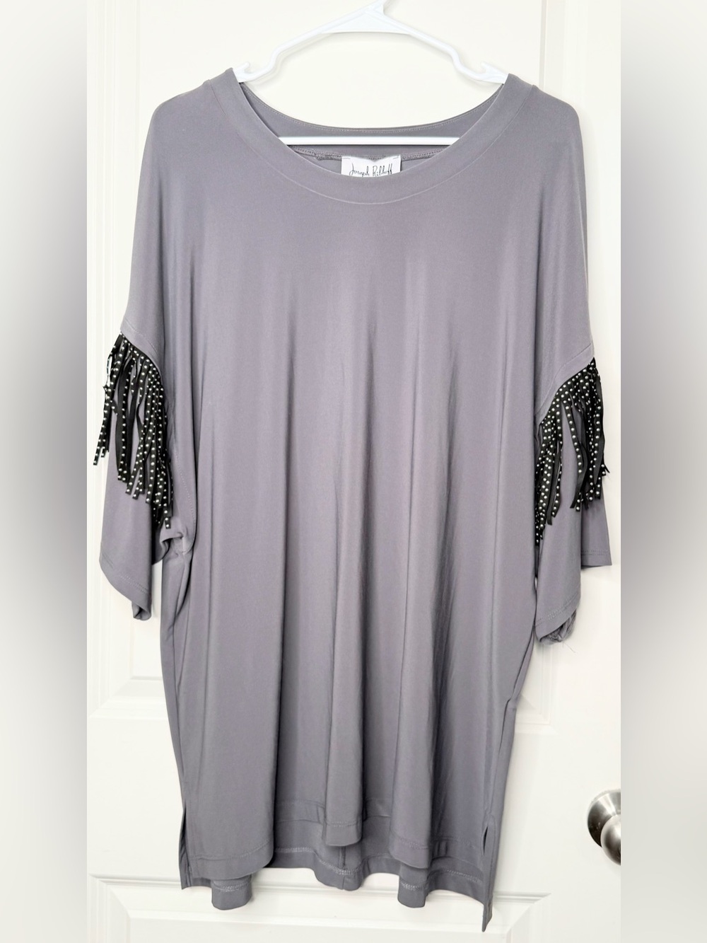 Joseph Ribkoff Womens M Gray Studded Fringe Oversized Tunic Top Dolman Sleeve